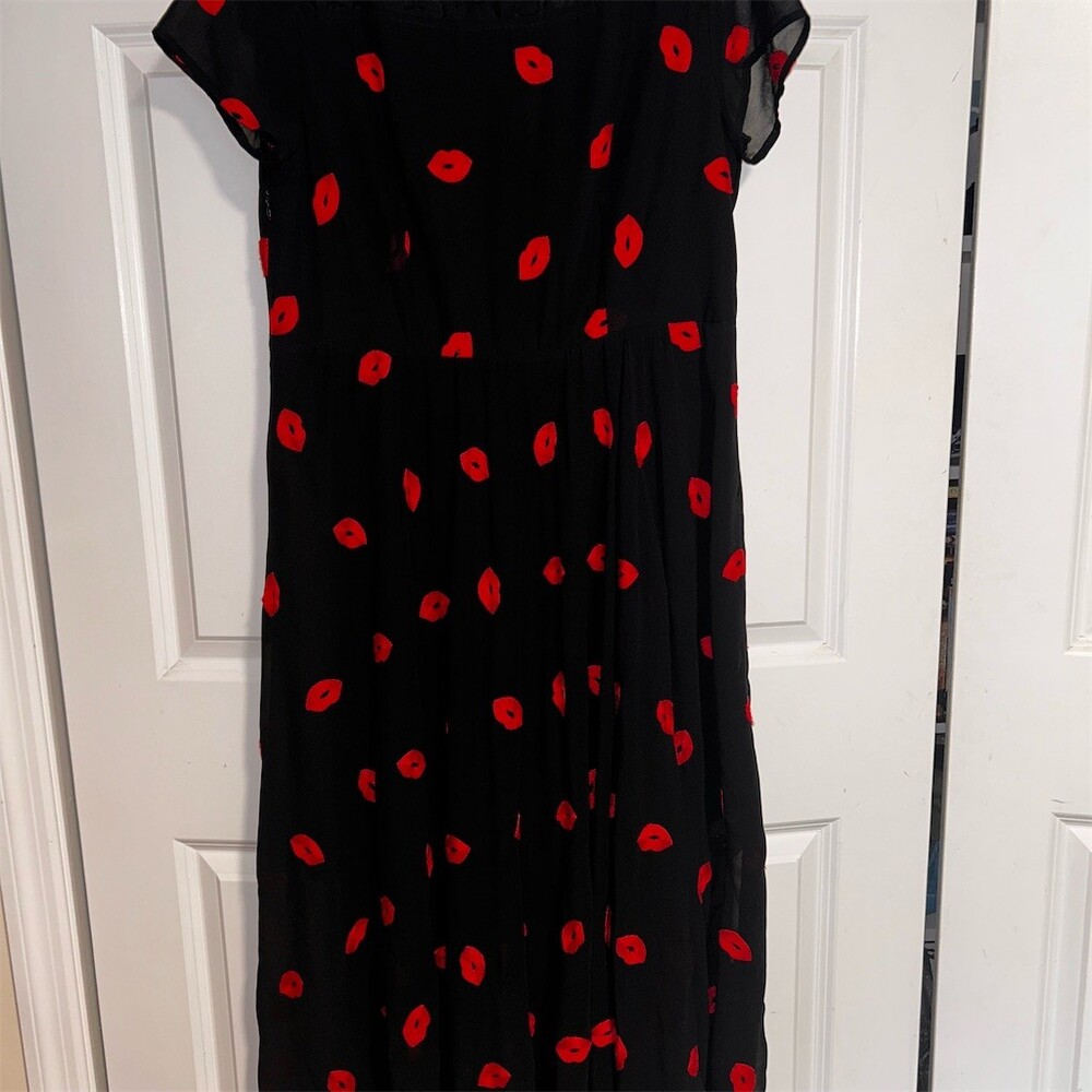 Borme Dress Womens M Black Midi Fit & Flare Red Lip Print Lace Yoke